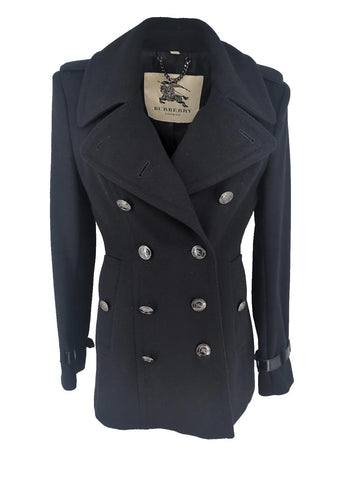 Burberry Coat UK 12 Military USA 10 IT44 Black Wool Cashmere M Pea Overcoat