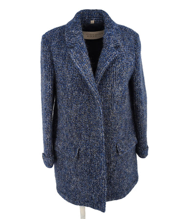 Burberry Overcoat UK 12 USA 10 IT 44 Mohair Alpaca Leather Trim Blue Knit Jacket